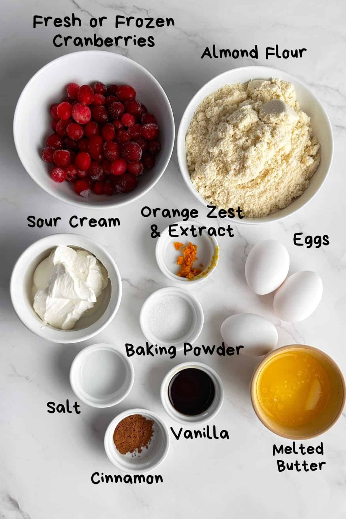 Ingredients for the low carb cranberry orange muffins.