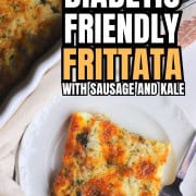 Pinterest pin of the frittata slice on a plate next to the casserole pan.