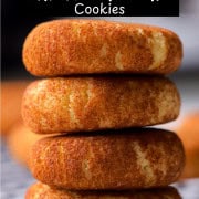 Low carb sugar free snickerdoodle cookies stacked on top of each other for a pin.
