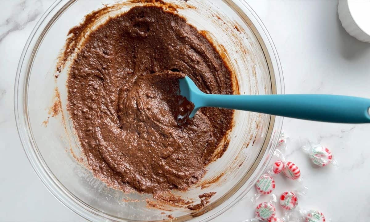 Mixing the cake batter in a large bowl.