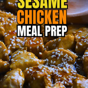 Closeup of the sesame chicken in a pan.
