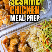 Low carb sesame chicken with cauliflower rice and asian coleslaw in glass tupperware containers.