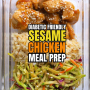 Low carb sesame chicken with cauliflower rice and asian coleslaw in glass tupperware container.