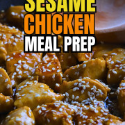 Closeup of the sesame chicken in the skillet.