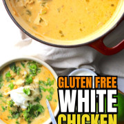 Overhead shot of the bowl of white chicken chili with the pot.