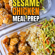 Low carb sesame chicken with cauliflower rice and asian coleslaw in glass tupperware containers.