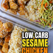 Low carb sesame chicken with cauliflower rice and asian coleslaw in glass tupperware containers.
