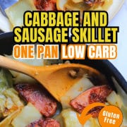 Cabbage and sausage in a skillet and on a plate.