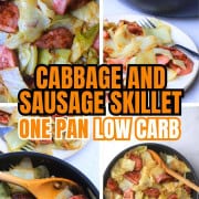 Cabbage and sausage in a skillet and on a plate.