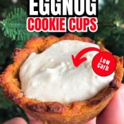 Holding a cheesecake eggnog cookie cup.