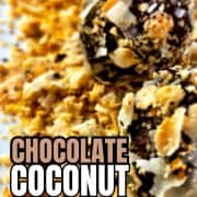 Closeup of chocolate coconut nut balls resting in hazelnut coconut crumbs.