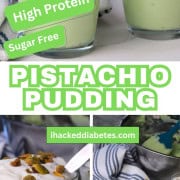 High protein pistachio pudding in a glass cup topped with whipped cream and crushed pistachios.