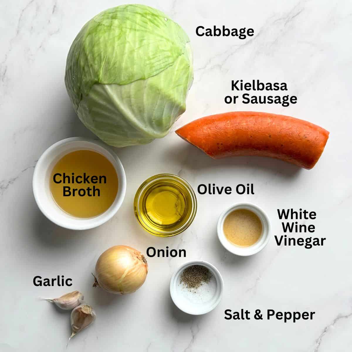 Ingredients used for the cabbage and sausage skillet recipe.