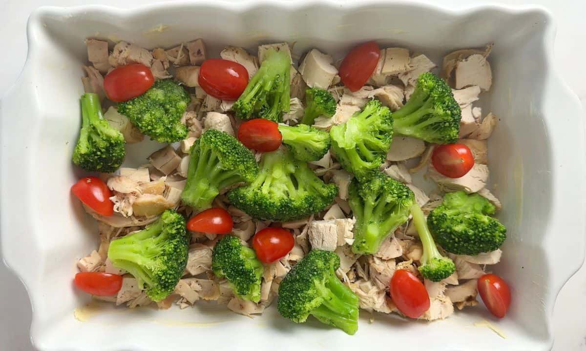 The casserole dish with the chicken and veggies in it.