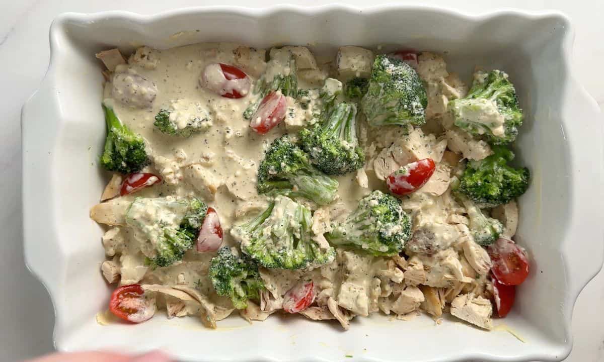 The casserole dish with the chicken, veggie and cream sauce.