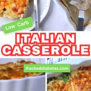 A slice of low carb italian chicken veggie casserole on a plate with the casserole dish next to it.