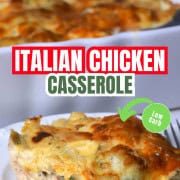 A slice of low carb italian chicken veggie casserole on a plate with the casserole dish next to it.