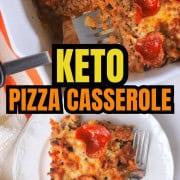 Low carb pizza casserole slice on a plate with the casserole next to it.
