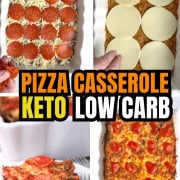Low carb pizza casserole slice on a plate with the casserole in the background.