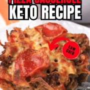 Low carb pizza casserole slice on a plate with the casserole in the background.