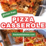 Low carb pizza casserole slice on a plate with the casserole in the background.