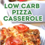 Low carb pizza casserole slice on a plate with the casserole in the background.
