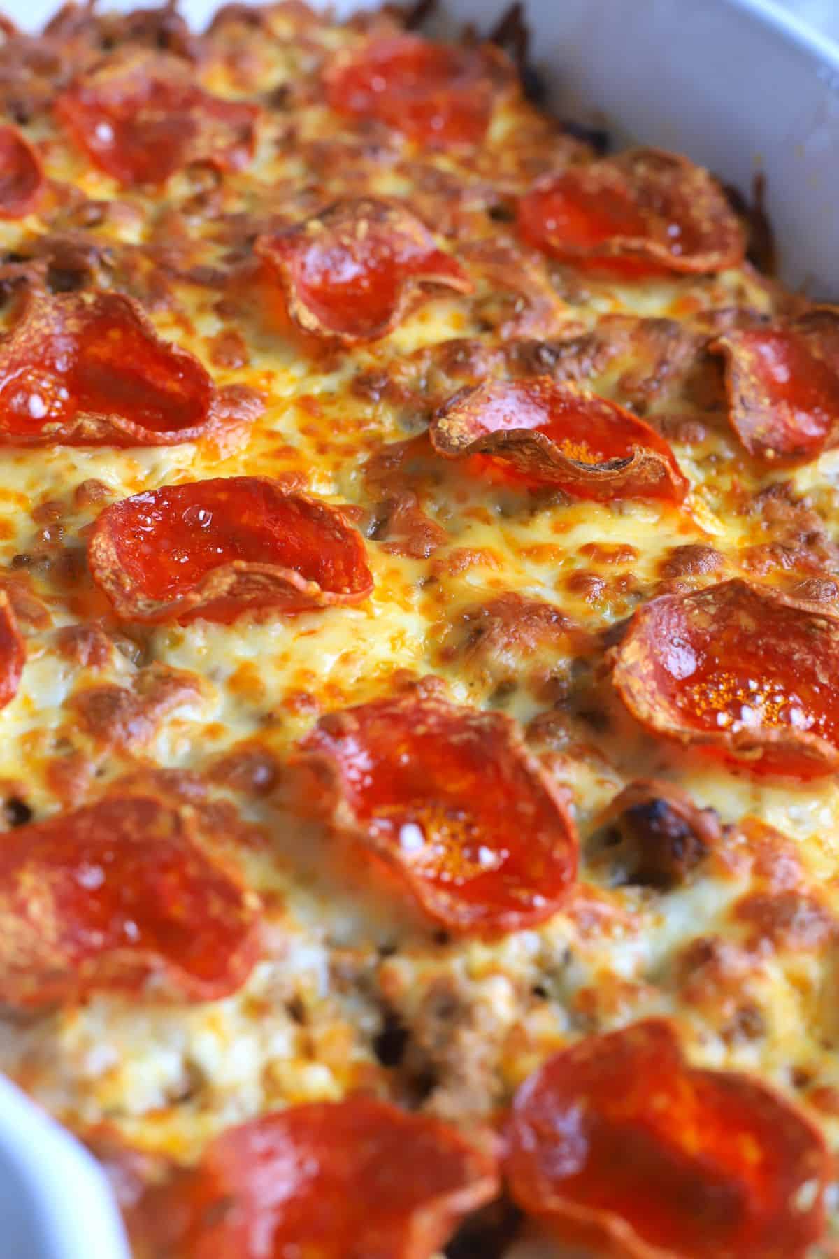 Close up of the low carb pizza casserole.