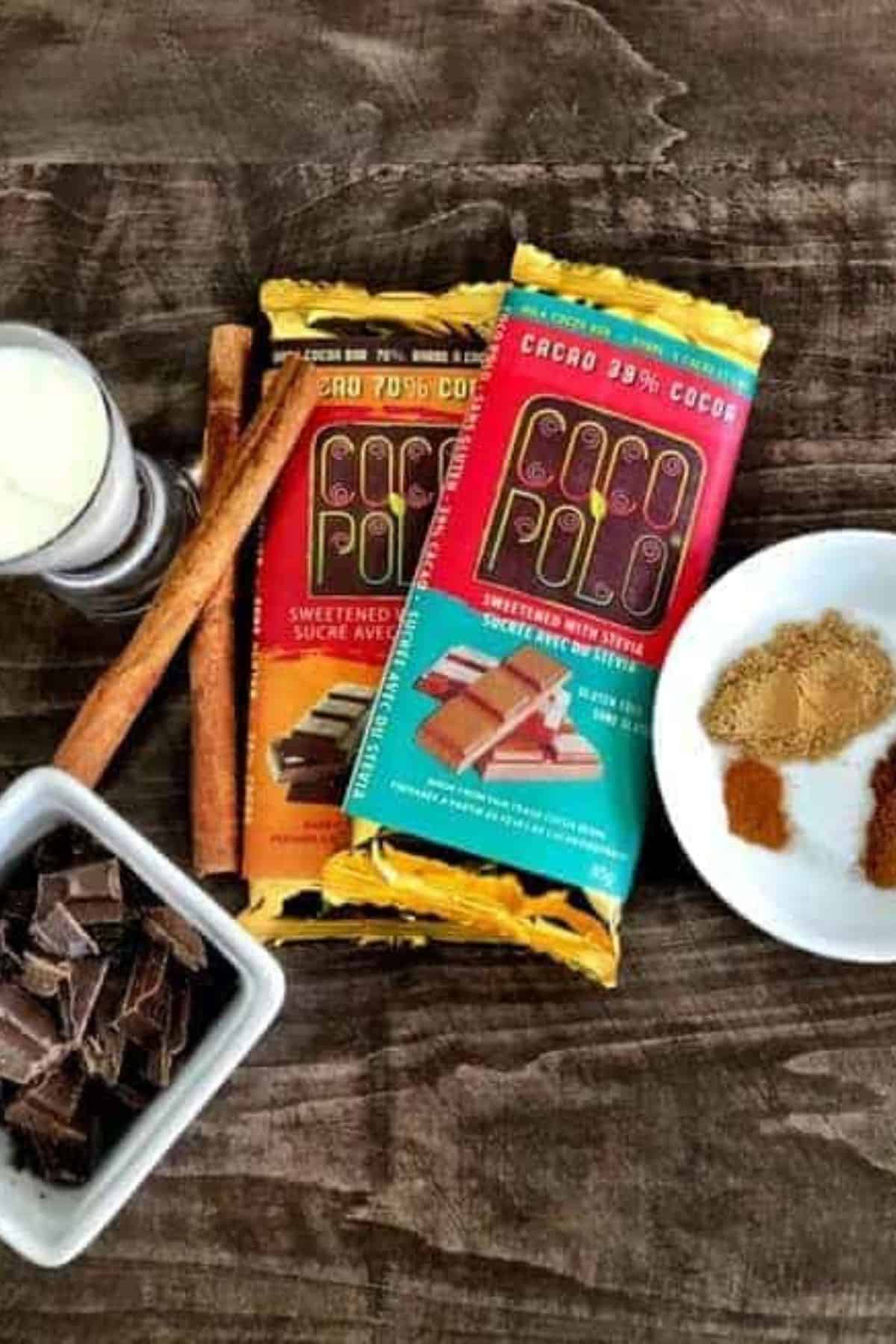 chocolate Ingredients used for the sugar free spicy hot chocolate beverage.