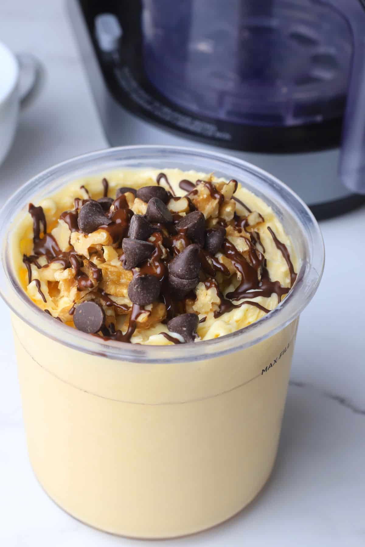 High protein chunky monkey ice cream in the ninja creami pint.