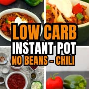 Low carb no beans instant pot chili in a dish next to a red and green pepper.