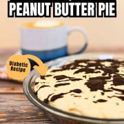 Sugar free peanut butter pie and a coffee mug in the background.