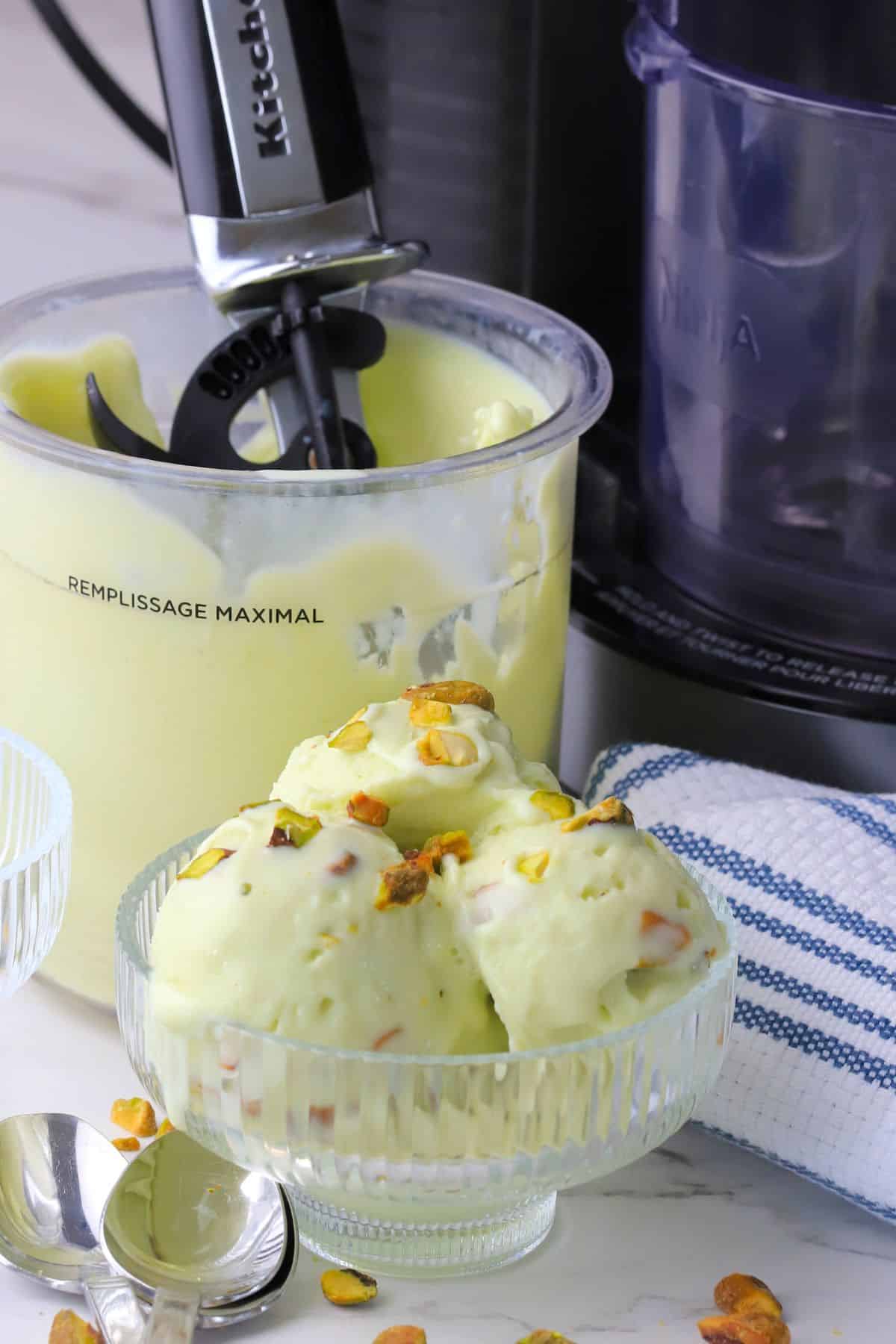 High protein sugar free pistacio ice cream made in the ninja creami in a bowl and in the creami pint.