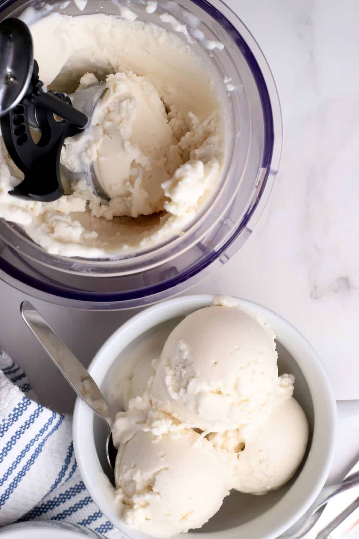 Bowl with scoops of dairy free coconut ice cream made in the ninja creami machine.