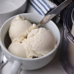 Bowl with scoops of dairy free coconut ice cream made in the ninja creami machine.