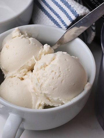Bowl with scoops of dairy free coconut ice cream made in the ninja creami machine.
