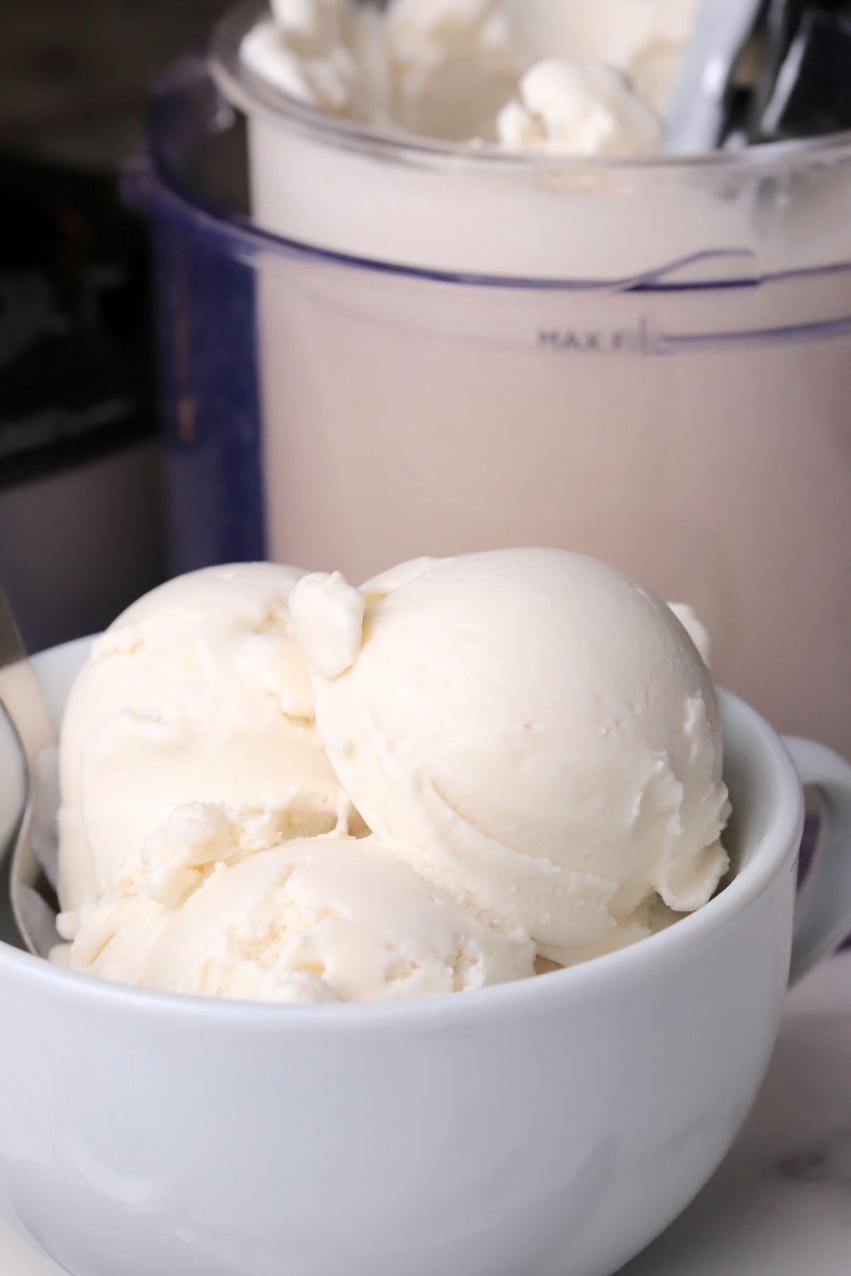Bowl with scoops of dairy free coconut ice cream made in the ninja creami machine.