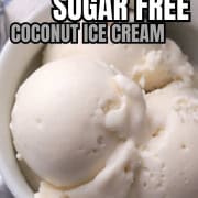 Bowl with scoops of dairy free coconut ice cream made in the ninja creami machine.