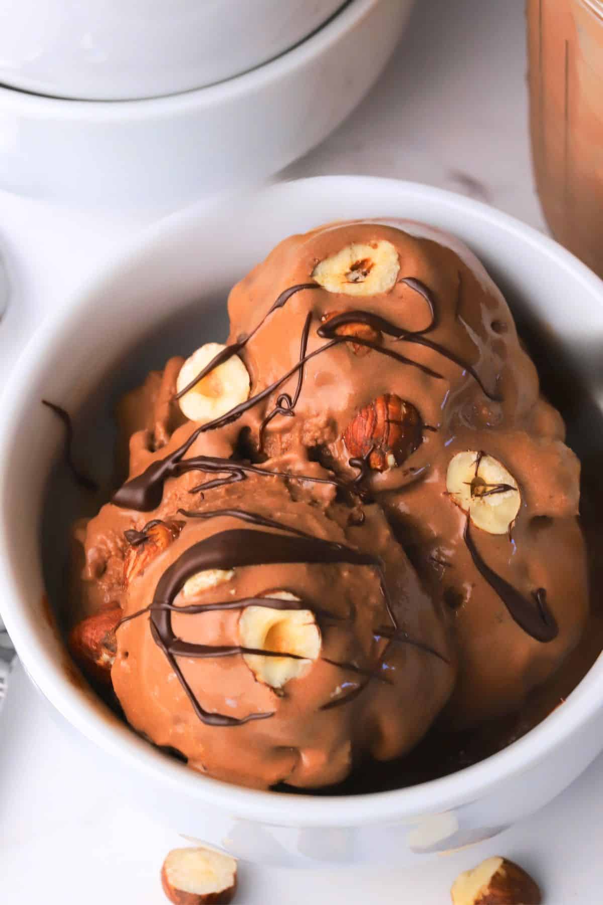 High protein chocolate hazelnut ice cream topped with roasted hazelnuts and chocolate drizzle.
