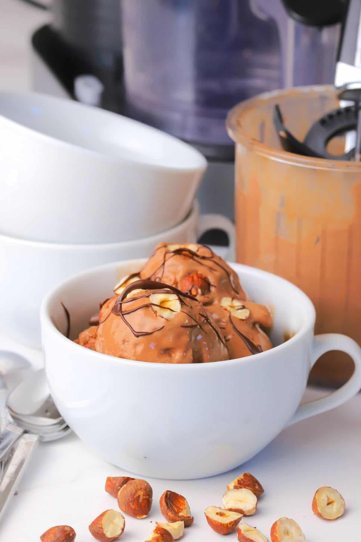 High protein chocolate hazelnut ice cream topped with roasted hazelnuts and chocolate drizzle.