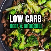 Low carb beef and broccoli in a skillet.