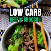 Low carb beef and broccoli in a bowl with chopsticks next to a skillet of the same.