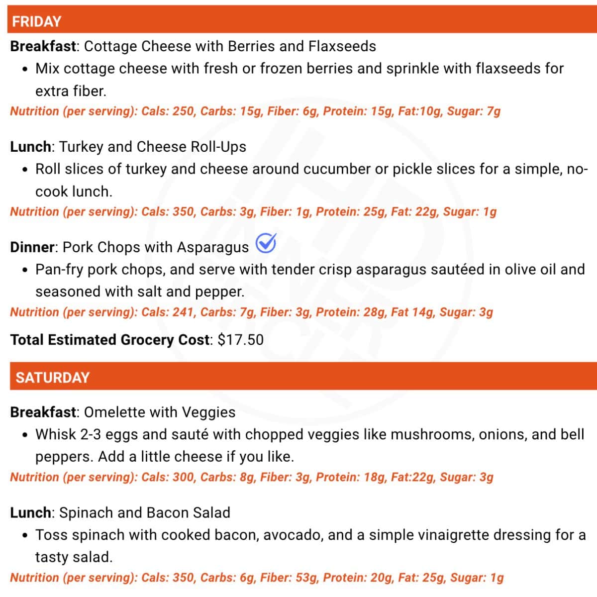 Sample menu plan.