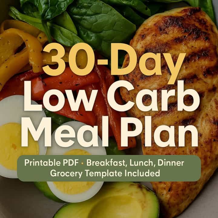 Feature image for the 30 day low carb meal plan.