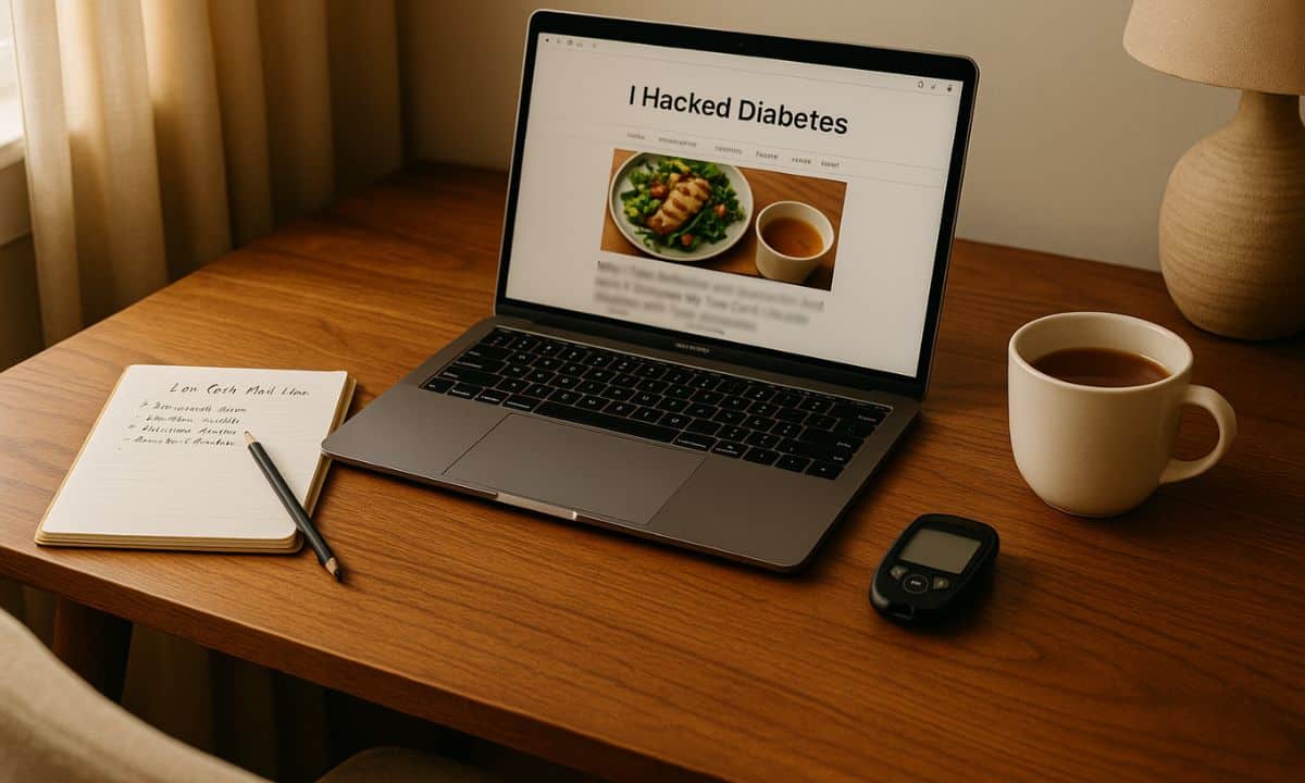 Laptop with i hacked diabetes on the screen on a desk next to notebook, coffee and blood sugar meter.