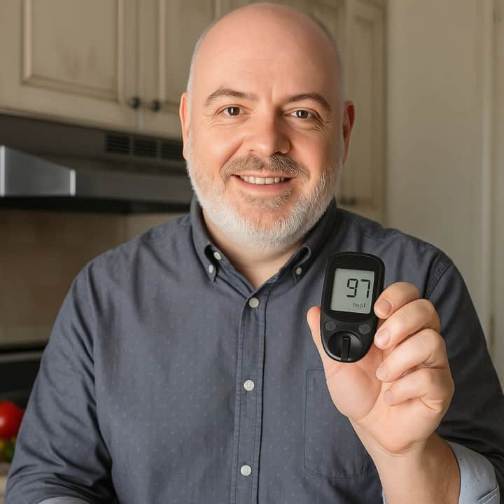 Image of oscar holding a blood sugar monitor.