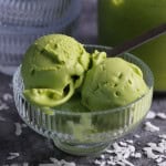 Bowl of vegan coconut match ice cream made in the ninja creami.