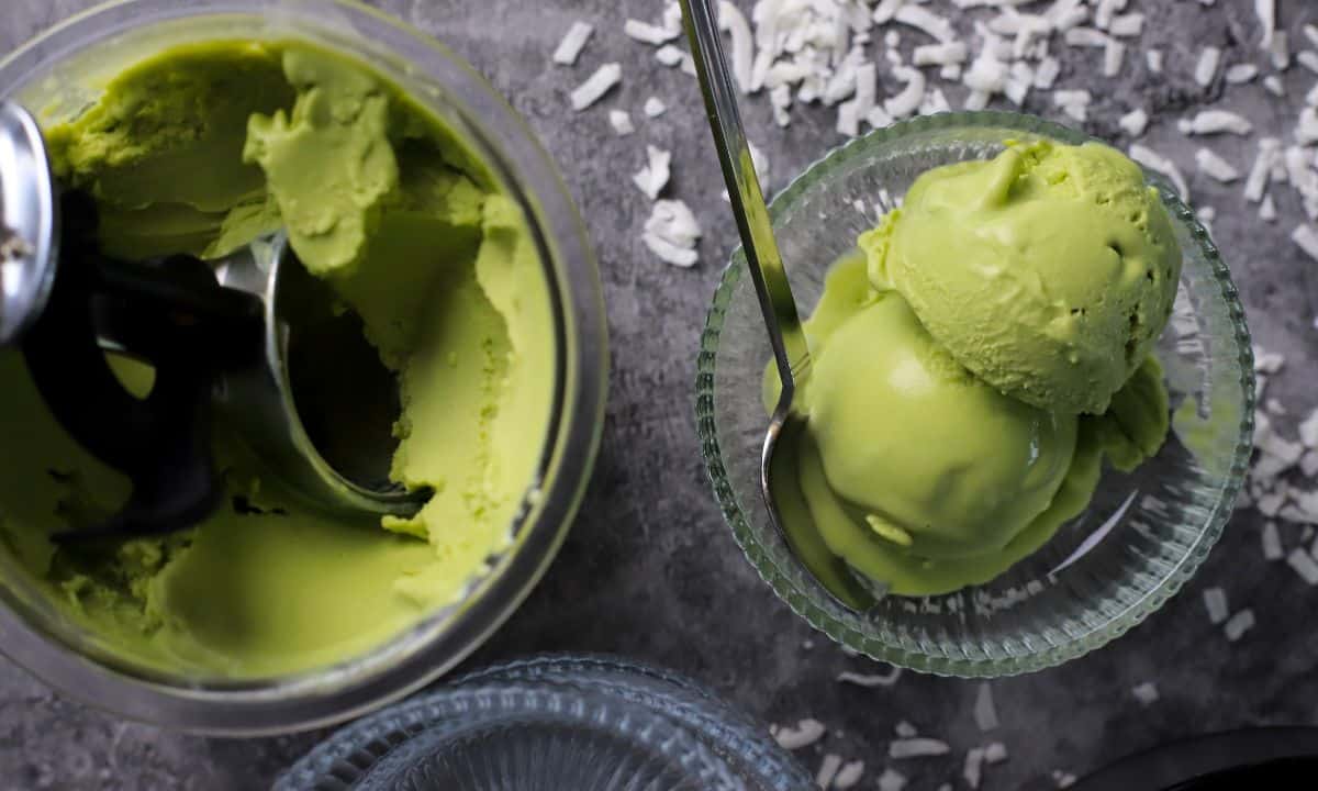 Bowl and pint of vegan coconut match ice cream made in the ninja creami.