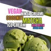 Bowl of vegan coconut match ice cream made in the ninja creami.