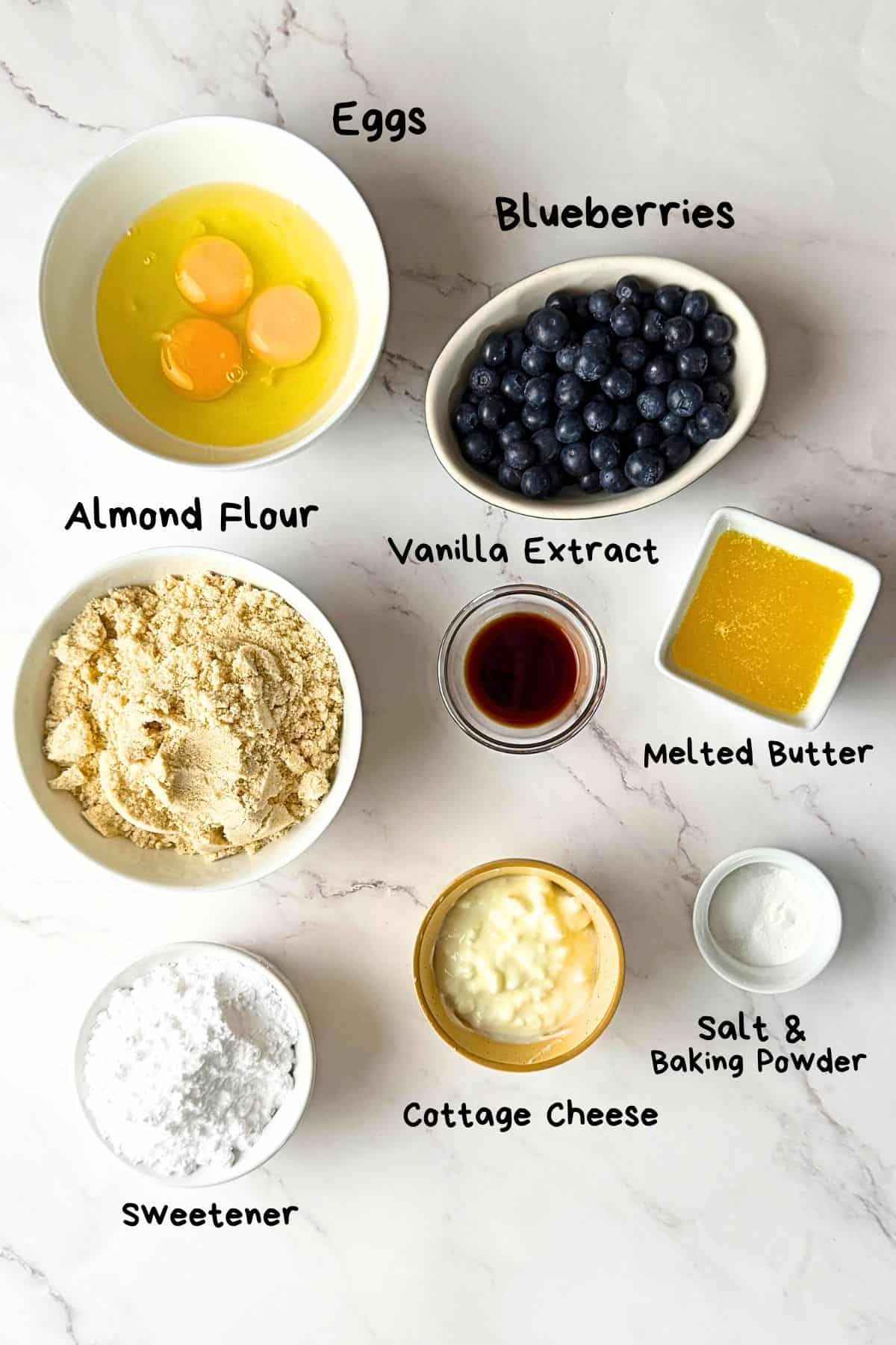Ingredients used for the blueberry cottage cheese muffins recipe.