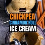 Chickpea cinnamon ice cream in a bowl next to the ninja creami pint.